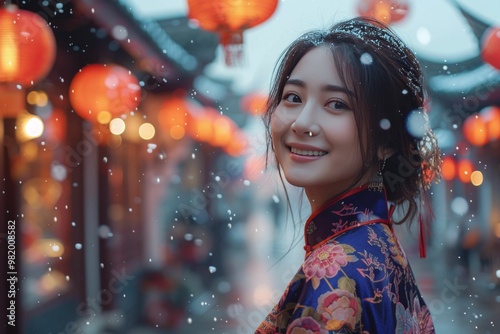 Smiling woman in traditional Chinese dress amidst a snowy street with red lanterns photo