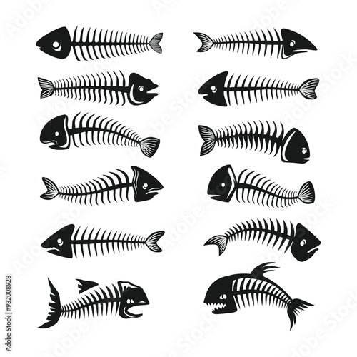 Set of fish bone collection, dying fish silhouette cartoon, fish skeleton set, dead underwater animal, Corpse of fish, poaching and illegal animal hunting icons, danger for safety of wildlife