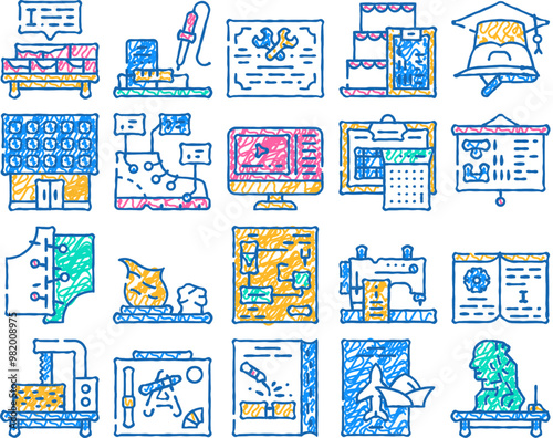 vocational school doodle icons set vector. sketch line art brickwork and pottery, cooking and design video courses, diploma of vocational school color illustrations