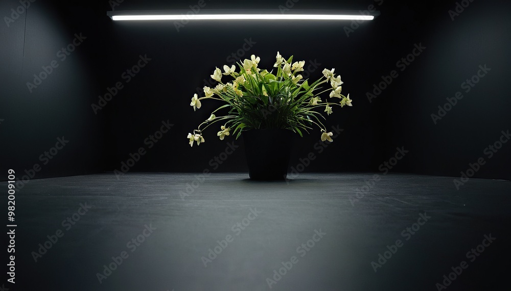 Obraz premium A black vase holds a plant, its green foliage contrasting with the surrounding black table Behind, a black wall hosts a similar green plant with leafy growth 126