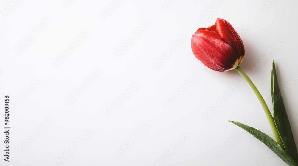 Obraz premium Isolated single red tulip on solid white background, soft shadows, minimalist design, ample copy space