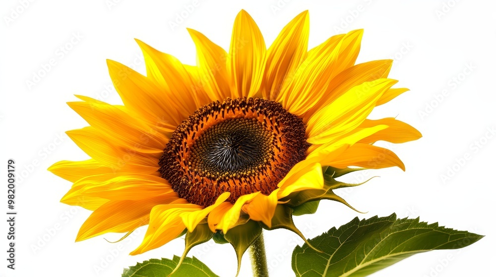 Isolated sunflower in full bloom on solid white background, vibrant yellow petals with a dark center, perfect for bright and cheerful nature designs. Isolated sunflower in full bloom on solid white background, vibrant yellow petals with a dark center, perfect for bright and cheerful nature designs.