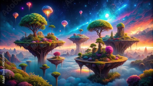 Fantasy sci-fi dreamland with glowing plants, floating islands, and colorful skies, fantasy, sci-fi, dreamland,glowing photo