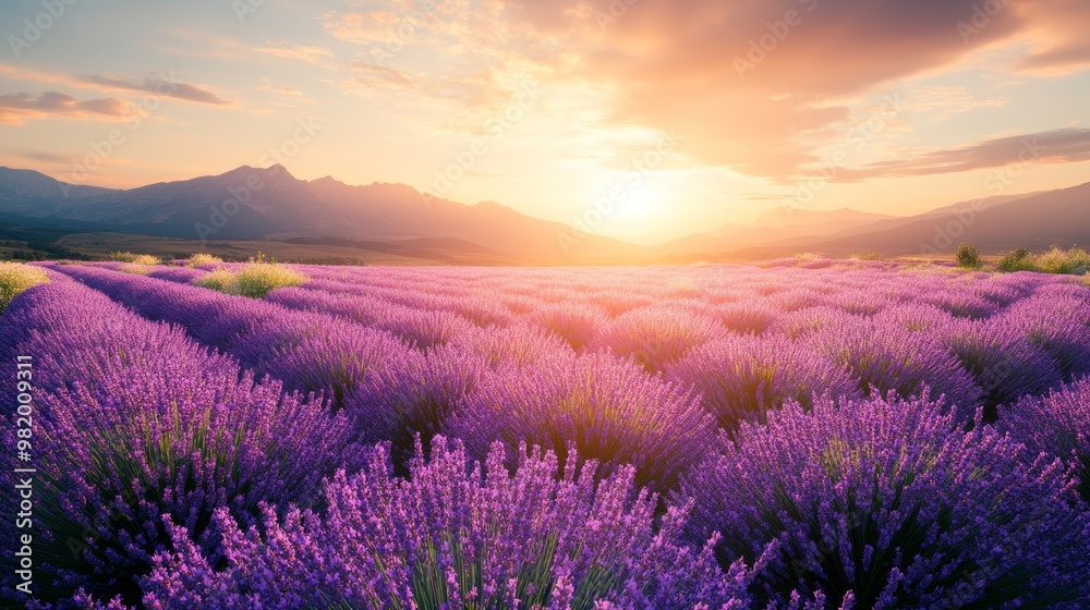 Obraz premium Lavender field bathed in golden sunlight, vibrant purple hues contrasting with the clear sky, depicted in hyper-realistic 3D rendering, every flower detailed, evoking calm and peace