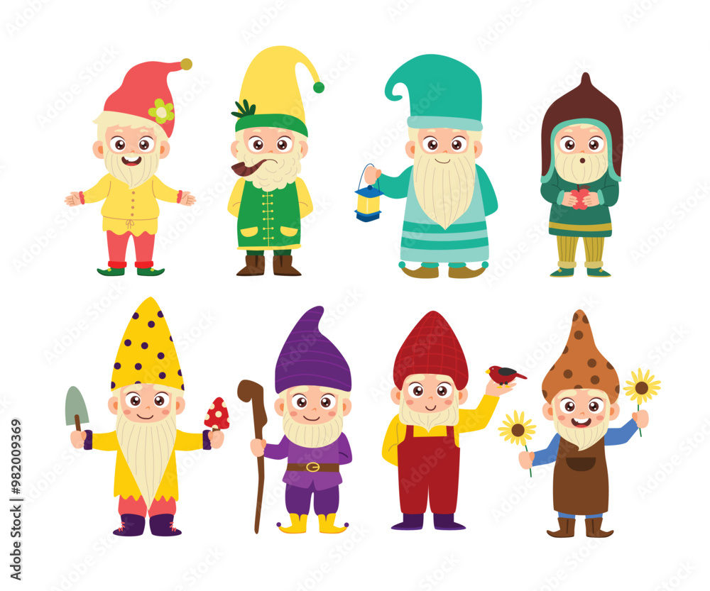 Set of cute little kid gnome dwarf character cartoon with holding stick, mushroom, shovel and sunflower, Adorable gnomes in hats. Leprechaun and gnome funny, fairy tale mascots. Funny garden bearded Set of cute little kid gnome dwarf character cartoon with holding stick, mushroom, shovel and sunflower, Adorable gnomes in hats. Leprechaun and gnome funny, fairy tale mascots. Funny garden bearded