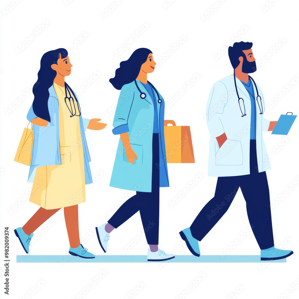 A diverse group of healthcare professionals, including doctors and nurses, walks together in a hospital setting, engaging in an animated discussion. They share ideas about patient care, planning. A diverse group of healthcare professionals, including doctors and nurses, walks together in a hospital setting, engaging in an animated discussion. They share ideas about patient care, planning.