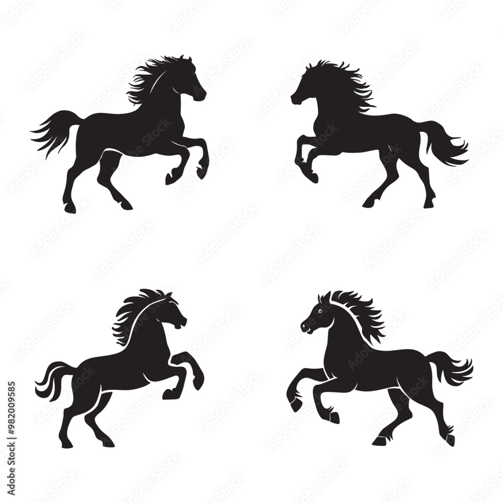 Black and white vector silhouettes set of dynamic horse Black and white vector silhouettes set of dynamic horse