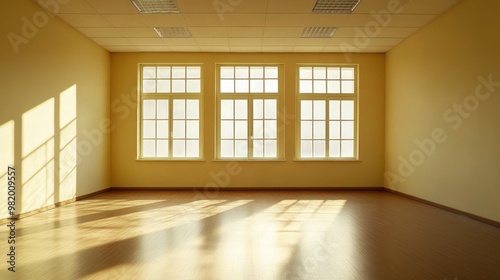 A bright, empty room with large windows casting shadows on wooden flooring.