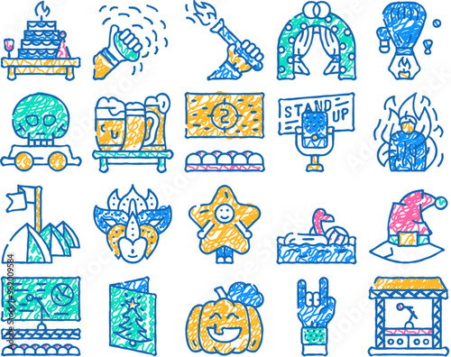 events and festival doodle icons set vector. sketch line art rock and oktober fest, standup and pool party, fantasy costume and facial mask events color illustrations