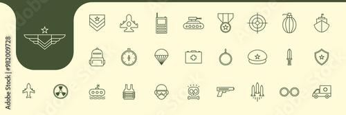 military equipment icons line design vector
