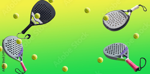 Isolated on green paddle tennis racket and balls, sports objects