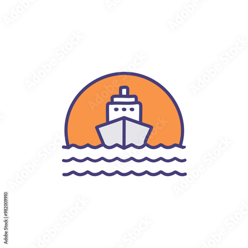 Abstract colorful ship and orange sky after sundown in the middle of sea vector art illustration icon design. Icon concept vector design