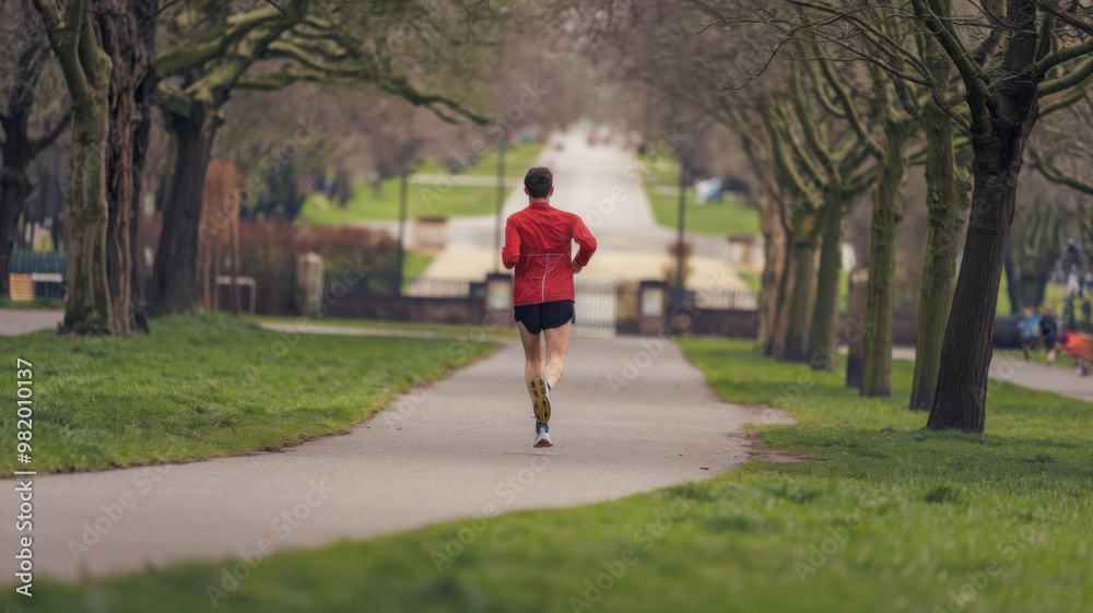 Back view of low angle of a man runner with red shirt, black shorts running on path in park with tree Back view of low angle of a man runner with red shirt, black shorts running on path in park with tree