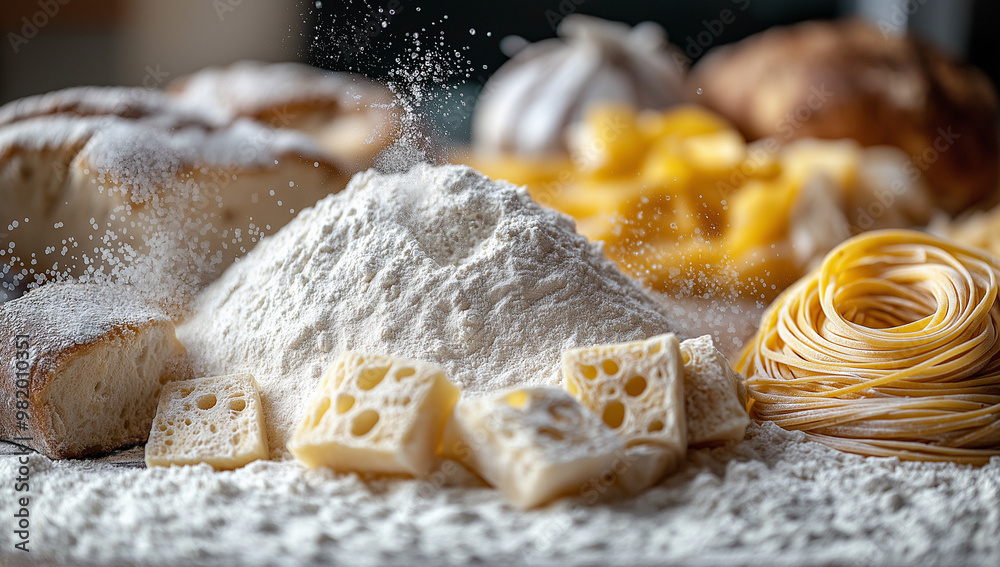 Pile of Flour with Fresh Bread and Pasta on Rustic Kitchen Table Pile of Flour with Fresh Bread and Pasta on Rustic Kitchen Table