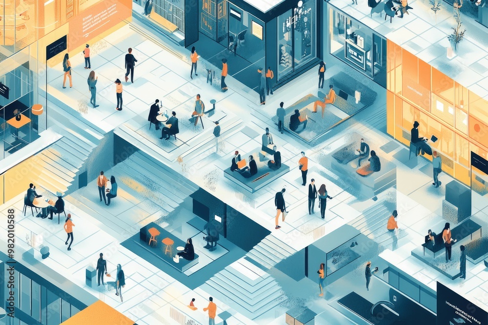 A vibrant urban scene with people interacting in spaces. A vibrant urban scene with people interacting in spaces.