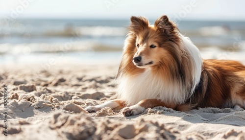Sheltie dog lying on sandy beach looking away