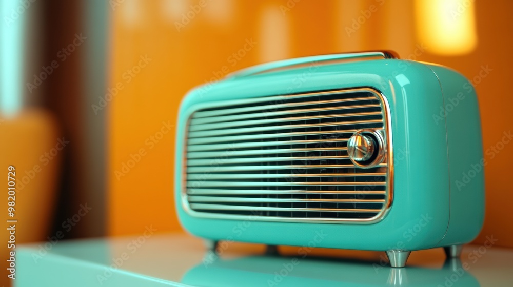 A small blue radio sitting on a table with orange walls, AI A small blue radio sitting on a table with orange walls, AI