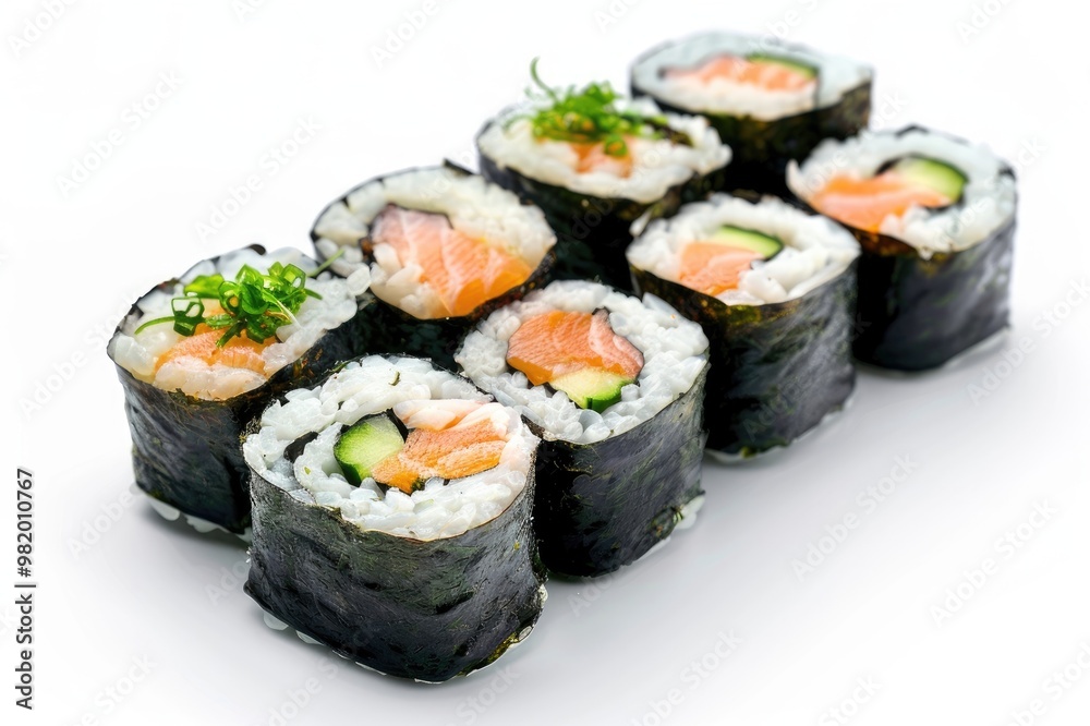 A perfectly crafted sushi roll isolated on a white background A perfectly crafted sushi roll isolated on a white background
