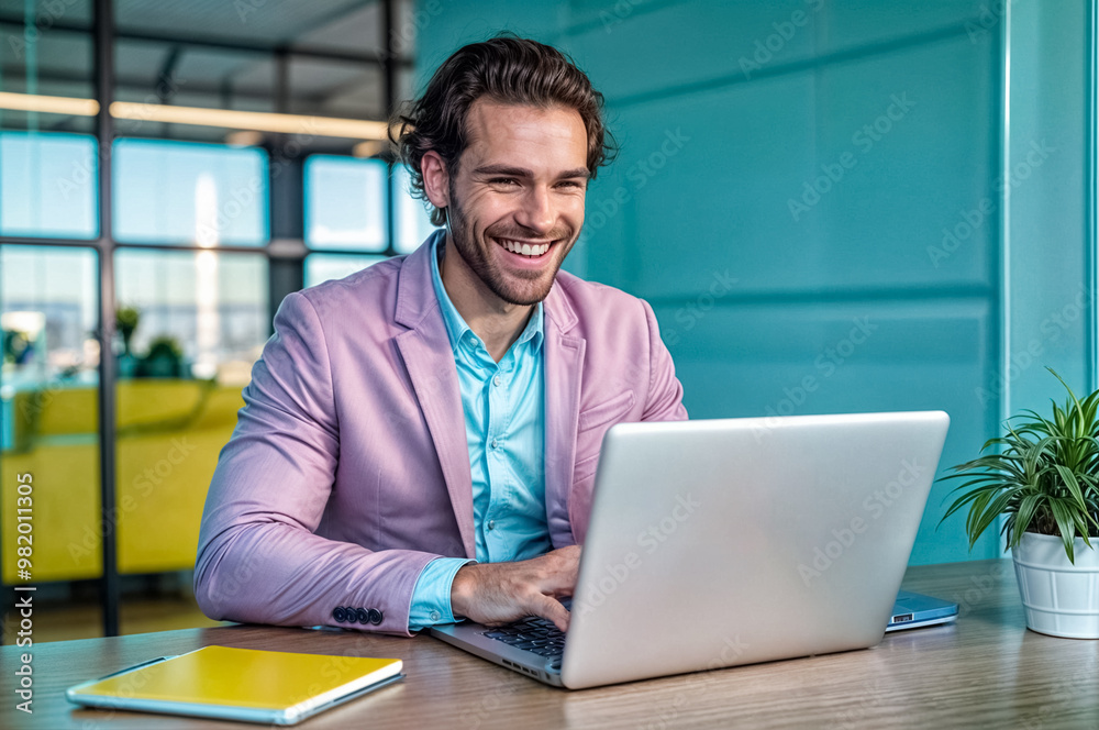 Fototapeta premium Business person manager man working in vibrant colorful illuminated light office, sitting at desk workplace, looking at laptop monitor, typing on keyboard, talking on smartphone. Digital art style.