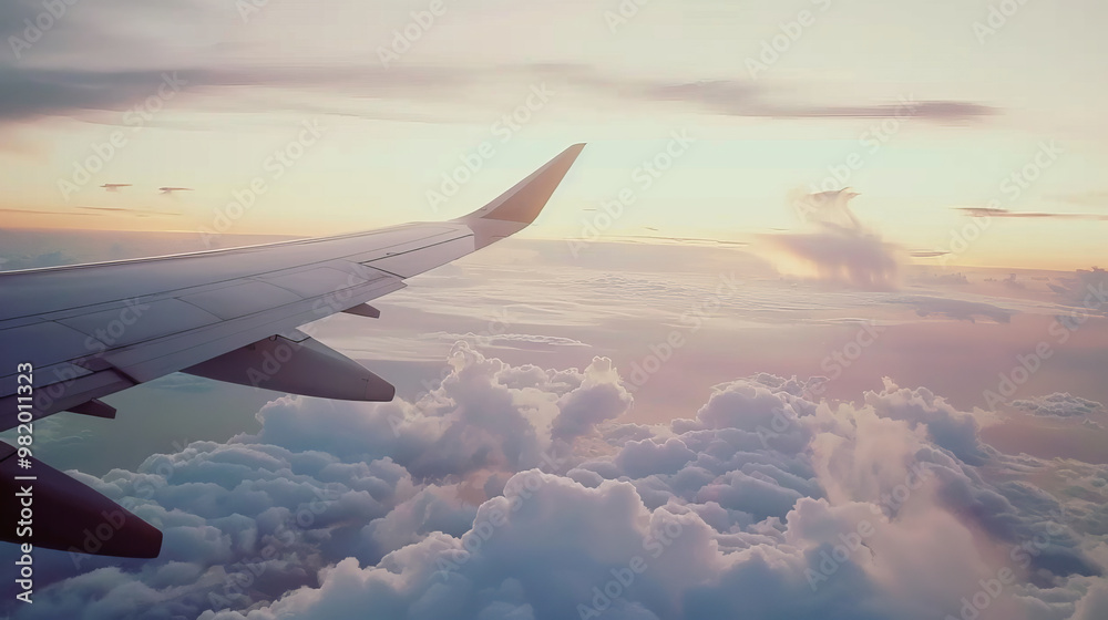 Airplane Wing with Clouds and Distant Horizon Through Window Airplane Wing with Clouds and Distant Horizon Through Window