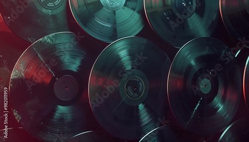 Vinyl records collection with red light reflection photo