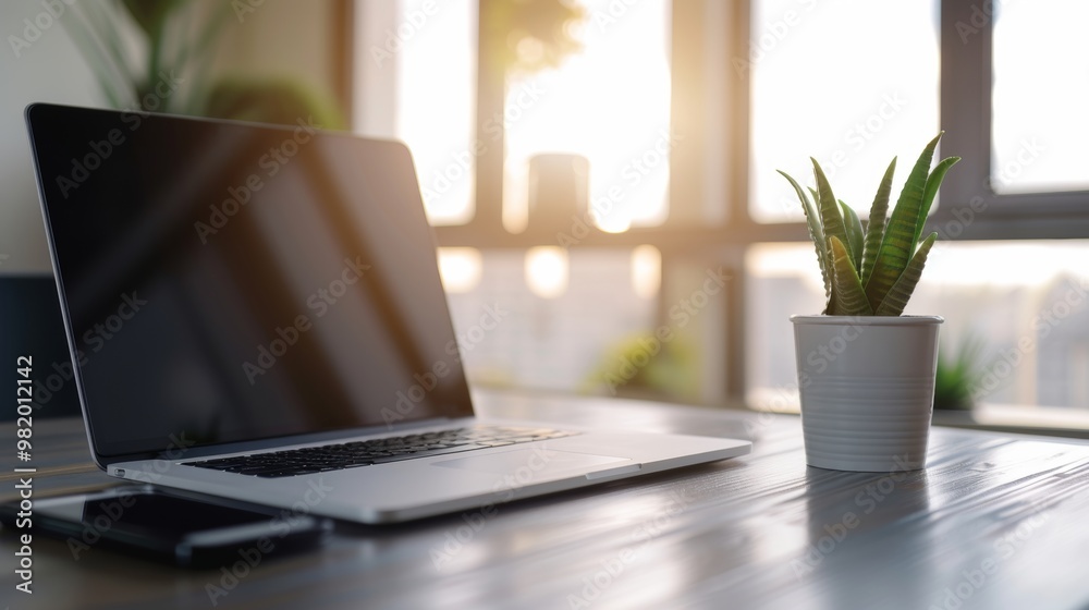 A minimalist workspace with a laptop, a plant, and a phone near a window. A minimalist workspace with a laptop, a plant, and a phone near a window.