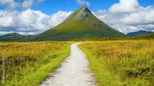 Scenic pathway leading to a mountain under a blue sky with clouds.