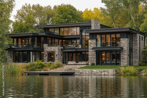 Modern stone house by a serene lake, surrounded by trees.