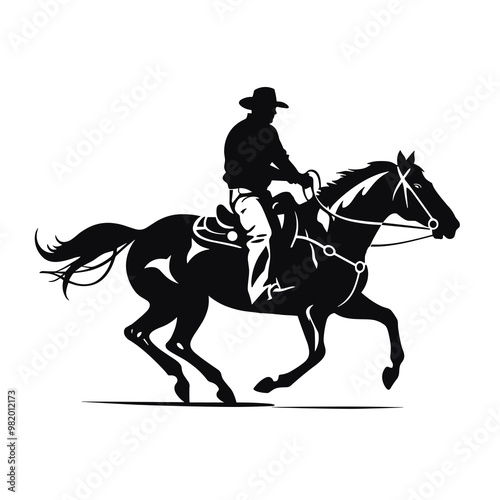 Silhouette of a cowboy riding a horse. Black and white vector illustration.