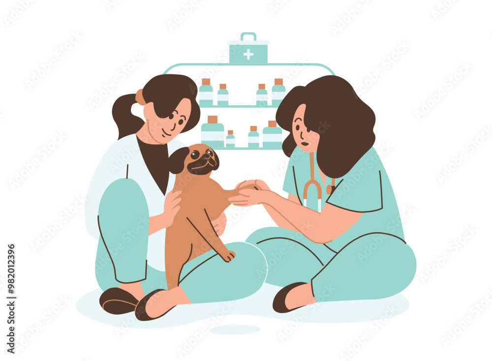 A cartoon illustration of a veterinarian administering a vaccination to a dog in a clinic. The vet is wearing a white coat and holding a syringe, while the dog sits patiently on a table. A cartoon illustration of a veterinarian administering a vaccination to a dog in a clinic. The vet is wearing a white coat and holding a syringe, while the dog sits patiently on a table.