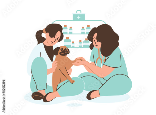A cartoon illustration of a veterinarian administering a vaccination to a dog in a clinic. The vet is wearing a white coat and holding a syringe, while the dog sits patiently on a table.