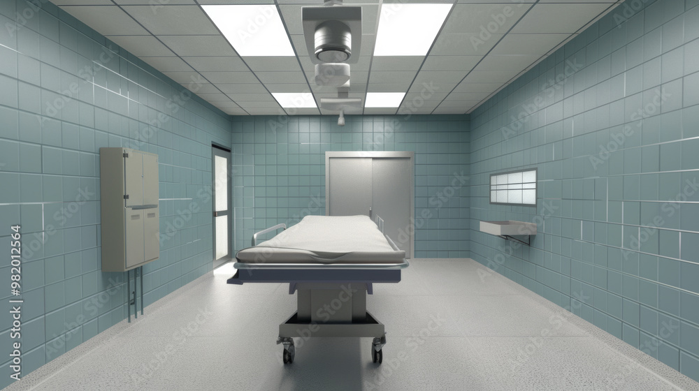Empty hospital room with bed, medical equipment, and blue walls. Empty hospital room with bed, medical equipment, and blue walls.