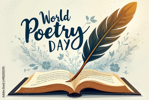 World Poetry Day Creative Illustration with Open Book and Quill Feather for Literature Celebration and Artistic Expression photo