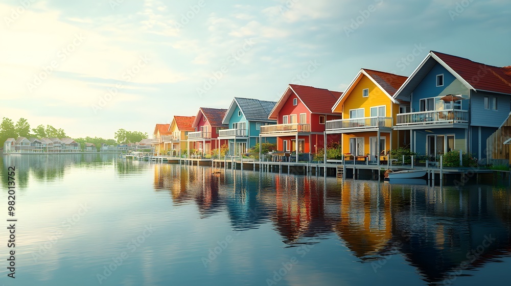Serene seaside village at dawn with vibrant houses reflecting perfectly in the tranquil water, soft morning light illuminating the scene, watercolor style Serene seaside village at dawn with vibrant houses reflecting perfectly in the tranquil water, soft morning light illuminating the scene, watercolor style