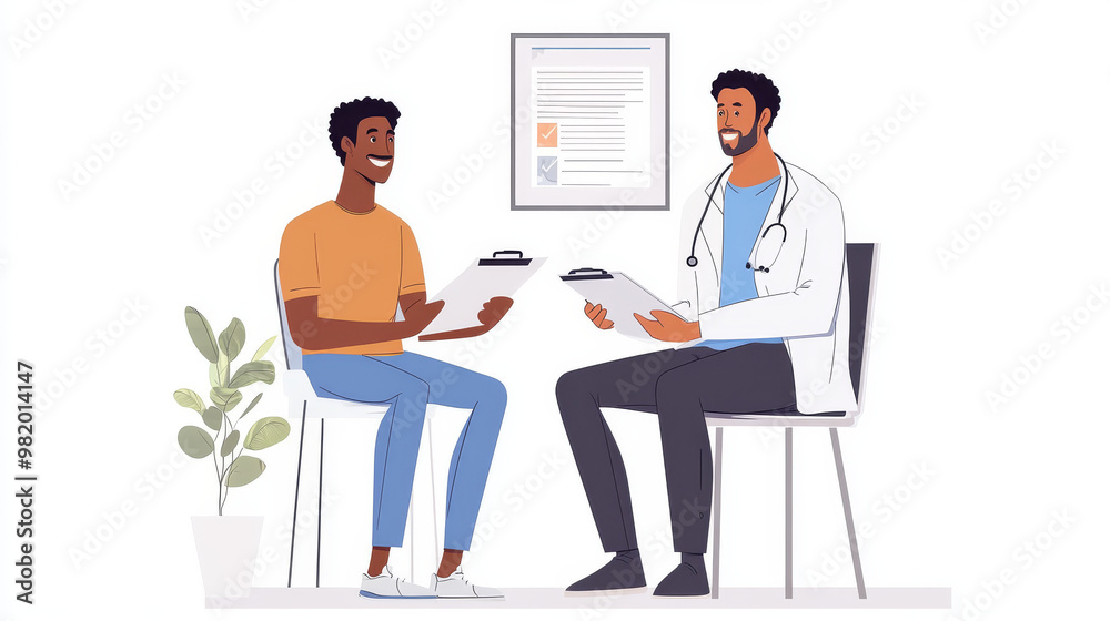 In a bright and welcoming healthcare office, a black man sits across from a doctor who is reviewing a clipboard filled with medical notes. The doctor, with a warm smile. In a bright and welcoming healthcare office, a black man sits across from a doctor who is reviewing a clipboard filled with medical notes. The doctor, with a warm smile.