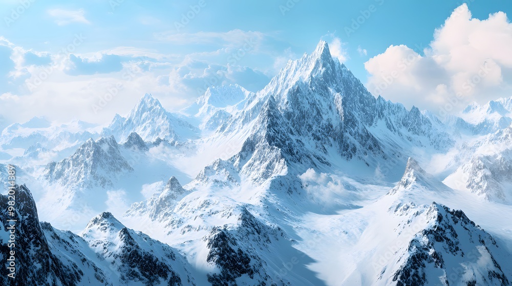 Fototapeta premium Beautiful snow-covered mountains against the blue sky. Panoramic view of a winter landscape in the highlands