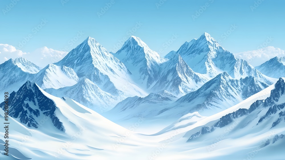 Beautiful snow-covered mountains against the blue sky. Panoramic view of a winter landscape in the highlands Beautiful snow-covered mountains against the blue sky. Panoramic view of a winter landscape in the highlands