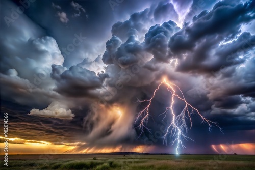 Dramatic lightning bolt striking through stormy sky over field