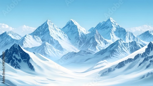 Beautiful snow-covered mountains against the blue sky. Panoramic view of a winter landscape in the highlands