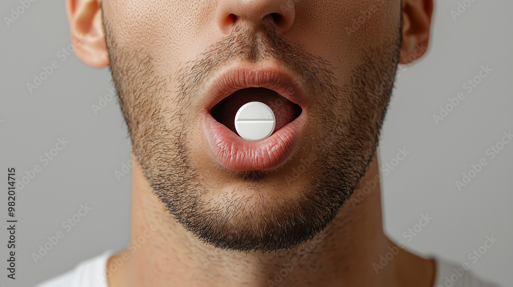 The Weight of Wellness: A close-up portrait of a man with a pill on his tongue, capturing the gravity of medication and healthcare decisions. The Weight of Wellness: A close-up portrait of a man with a pill on his tongue, capturing the gravity of medication and healthcare decisions.