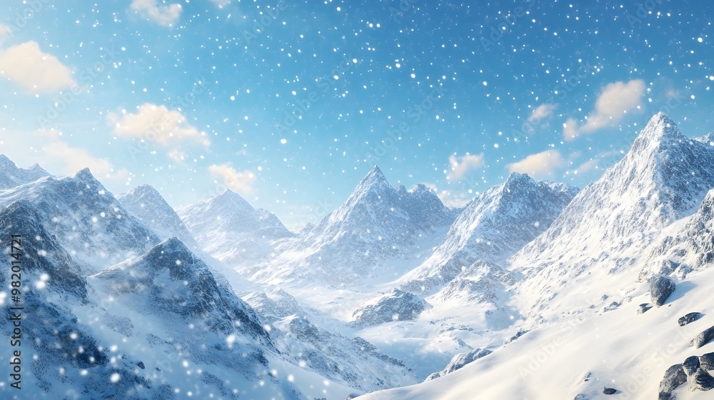 Beautiful snow-covered mountains against the blue sky. Panoramic view of a winter landscape in the highlands Beautiful snow-covered mountains against the blue sky. Panoramic view of a winter landscape in the highlands