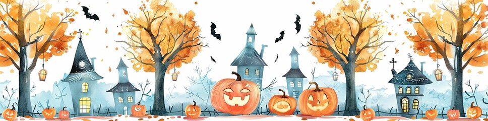 Crédence de cuisine  Halloween pumpkins and spooky trees with buildings on a white background banner, illustration in the style of watercolor, detailed, cartoon style, high resolution  © foto.katarinka
