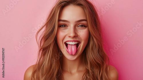 Playful Pink: A young woman with bright, expressive eyes sticks her tongue out playfully, her smile radiating pure joy against a vibrant pink backdrop. This image captures youthful exuberance and a se