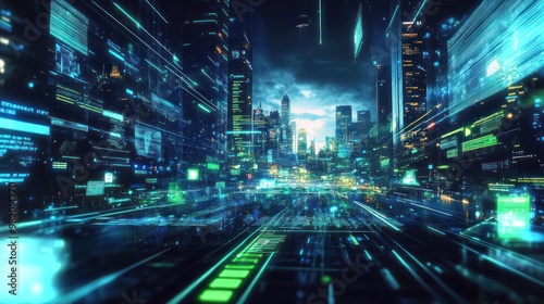 A futuristic cityscape with digital data streams and vibrant neon lights.