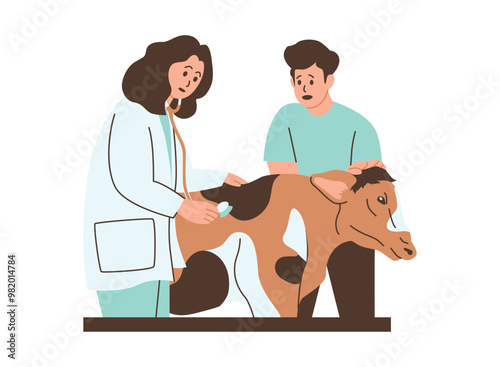 A cartoon illustration of a veterinarian examining a cow in a clinic, while the cow's owner looks on with concern.