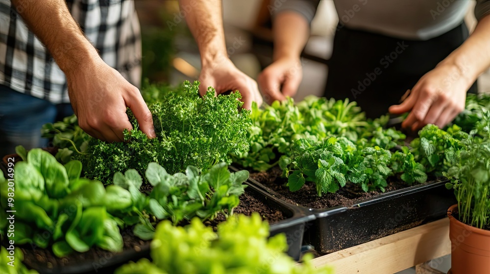 Hands tending to a lush indoor herb garden Hands tending to a lush indoor herb garden