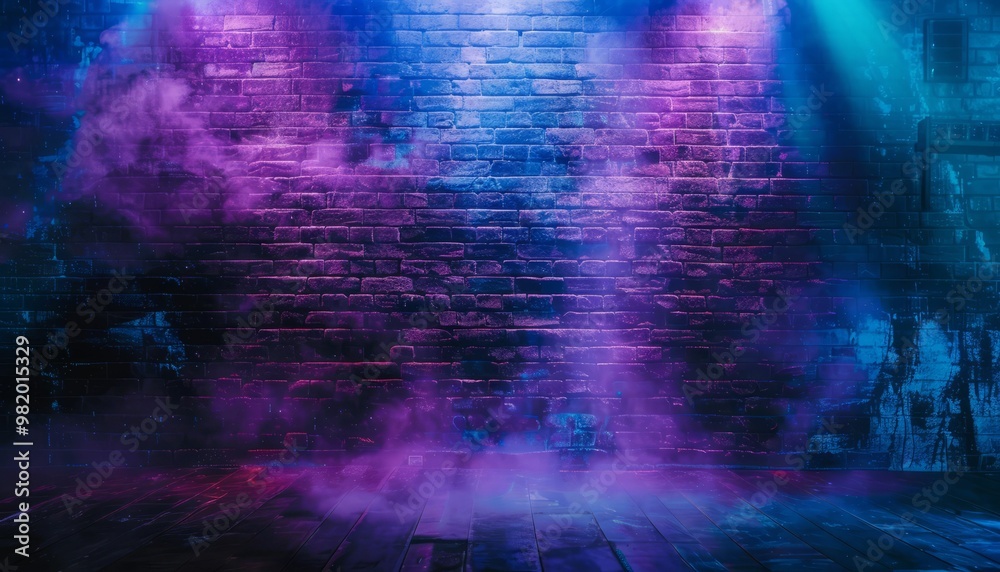 Blue and purple neon lights illuminate a brick wall and wooden floor in a dark room with smoke in the air Blue and purple neon lights illuminate a brick wall and wooden floor in a dark room with smoke in the air