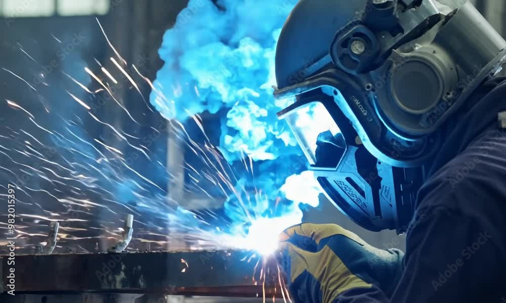 Industrial Welder in Action. Sparks Flying During Metal Welding Industrial Welder in Action. Sparks Flying During Metal Welding
