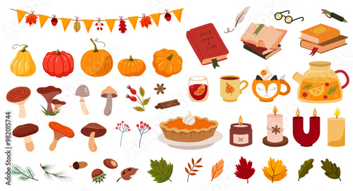 Big set of cute autumn elements - leaves, mushrooms, drinks, food, candles and books. Autumn season. Collection of elements for stickers, banners and other types of design.