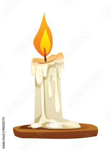 Melting candle with flame sitting on a wooden base. Vector cartoon illustration